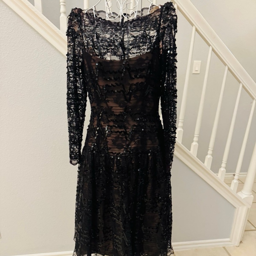 Vintage Lillie Rubin Elegant Black Sequin Lace Long Sleeve Dress Sz M